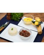 Cubos de filet mignon à Bocadinho, purê de mandioquinha, arroz (450g)