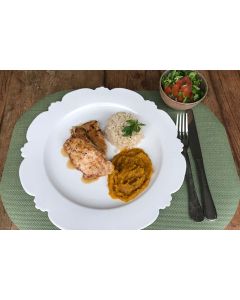 Frango na chapa, purê de abóbora , arroz integ.(349 Kcal.)FIT